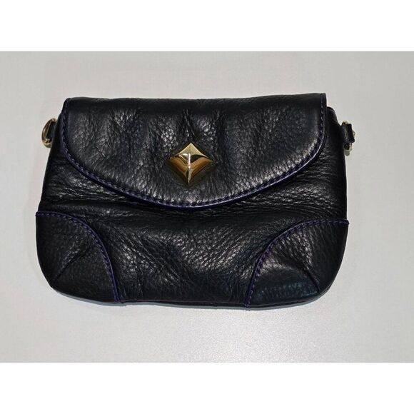 Black Genuine soft Leather Purse Purple Stitching Gold-Tone Accent Snap Closure - Picture 1 of 7